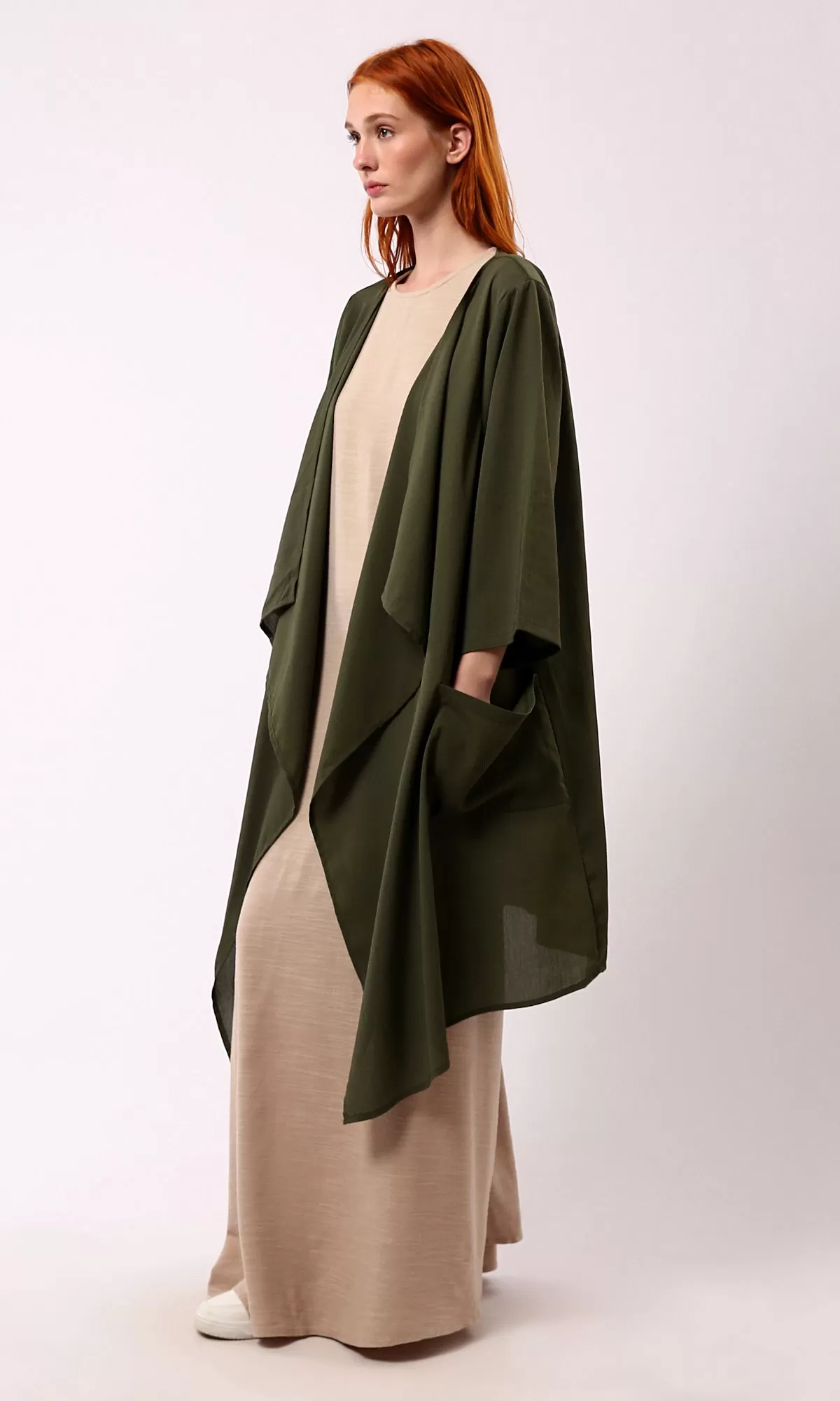 O188299 Asymmetric Neckline Loose Dark Olive Cardigan