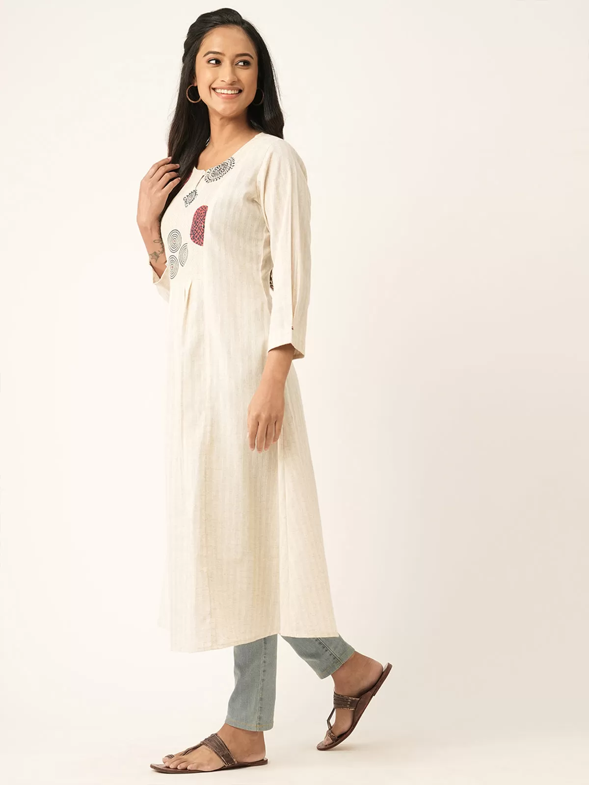 Odette Cream Cotton Printed Stitched Kurta for Women