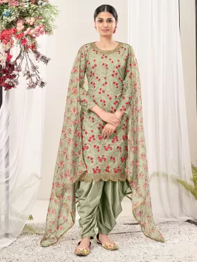 Odette Light Green Net  Embroidered Semi stitched Kurta Set With Inner For Women