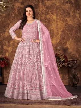 Odette Light Purple Net Embroidered Semi stitched Kurta Set with Inner For Women