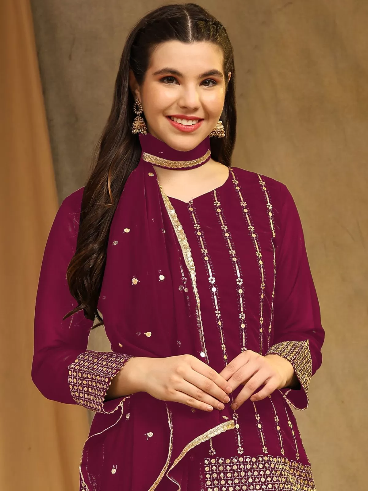 Odette Magenta Faux Georgette Embroidered Semi stitched Kurta Set For Women