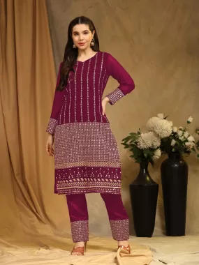 Odette Magenta Faux Georgette Embroidered Semi stitched Kurta Set For Women