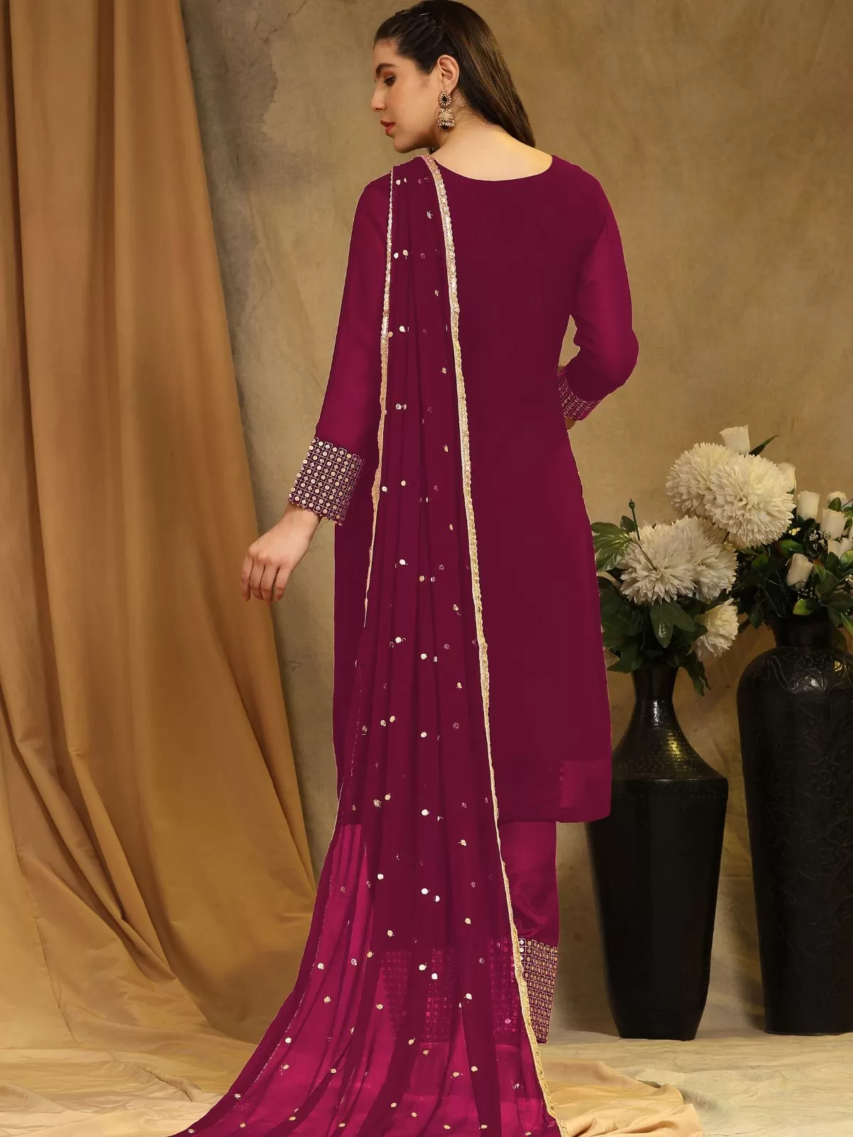 Odette Magenta Faux Georgette Embroidered Semi stitched Kurta Set For Women