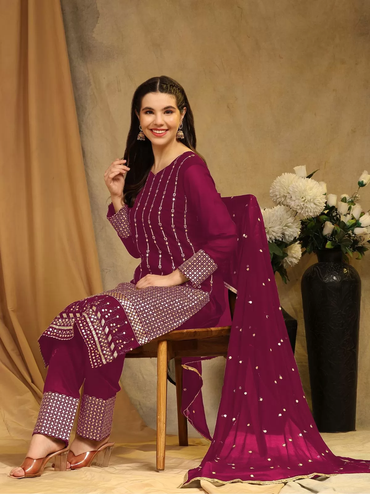 Odette Magenta Faux Georgette Embroidered Semi stitched Kurta Set For Women