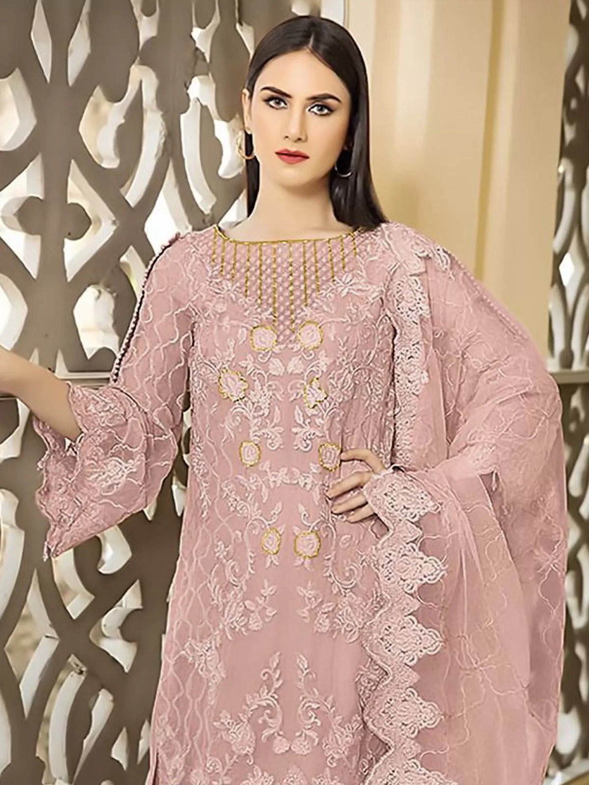 Odette Pink Georgette Embroidered Semi stitched Kurta Set For Women