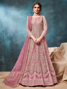 Odette Pink Net Embroidered Semi stitched Kurta Set with Inner For Women