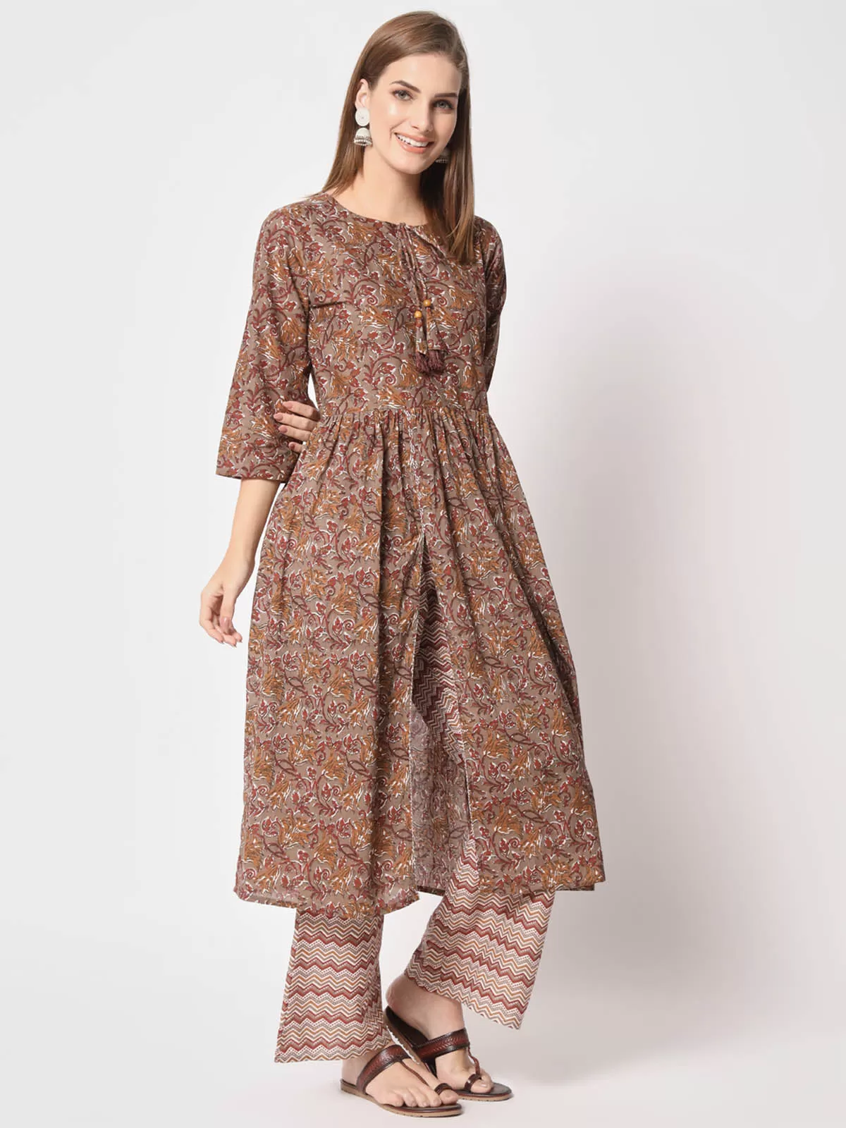 Odette Women Attractive Brown Cotton Printed Stitched Kurta Set