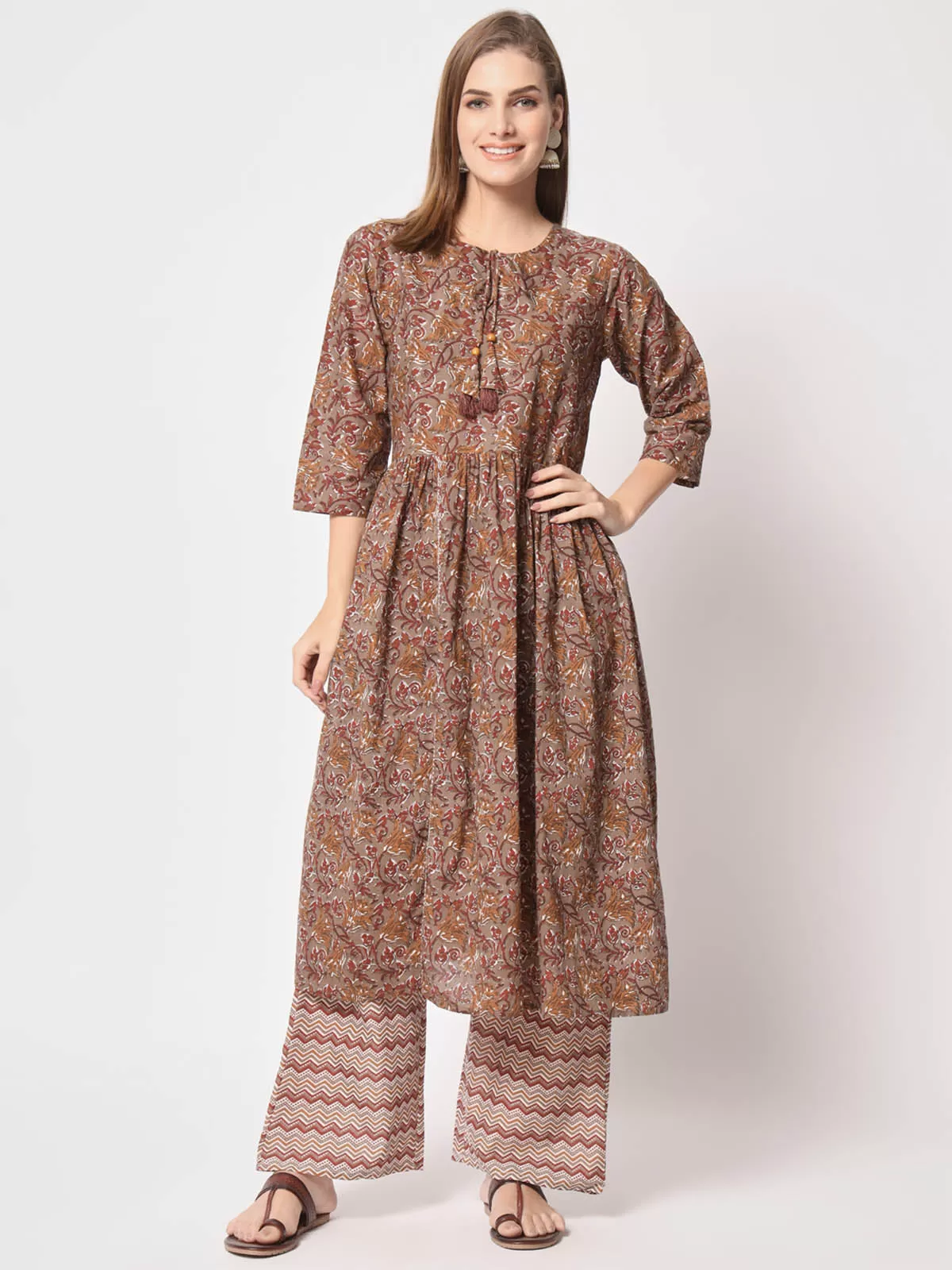 Odette Women Attractive Brown Cotton Printed Stitched Kurta Set