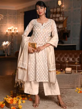 Odette Women Beige Shimmered Polyester Voile Chikankari Beads Embroidered Unstitched Kurta Set