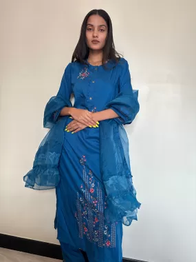 Odette Women Blue Embroidered Silk Blend Stitched Kurta Set