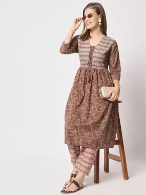 Odette Women Classic Brown Cotton Printed Stitched Kurta Set