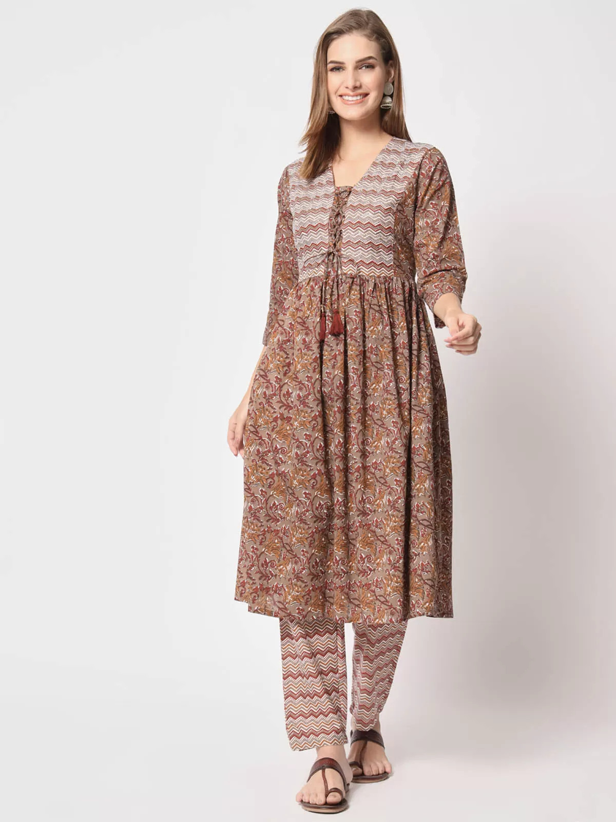 Odette Women Classic Brown Cotton Printed Stitched Kurta Set