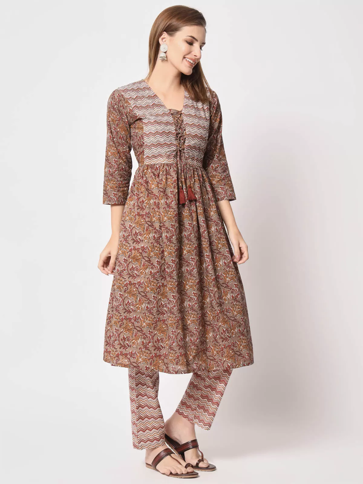 Odette Women Classic Brown Cotton Printed Stitched Kurta Set