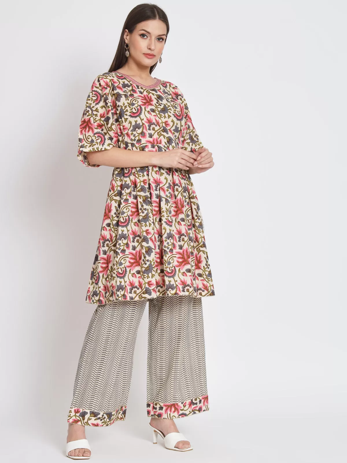 Odette Women Cream Cotton Floral Printed Stitched Kurta Set