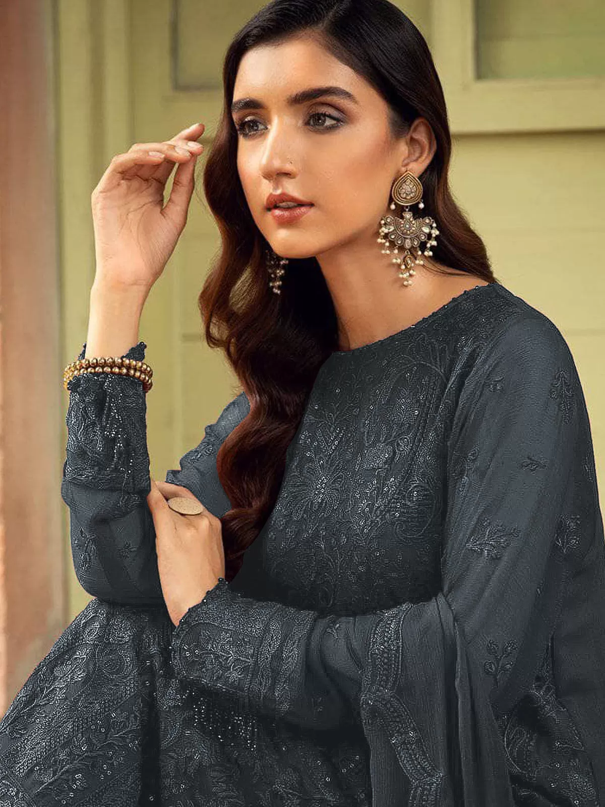 Odette Women Grey Embroidered Georgette Semi Stitched Suit