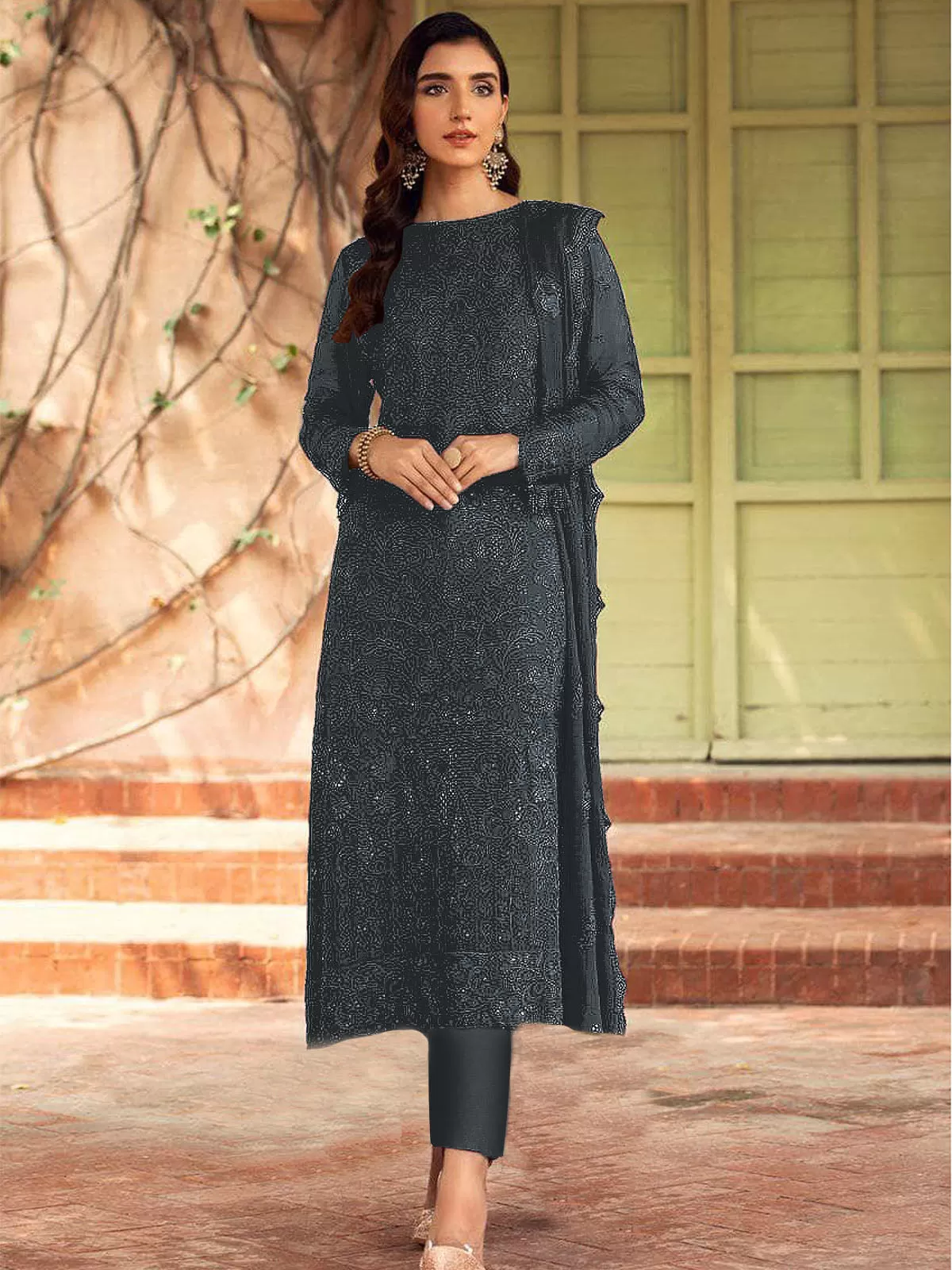 Odette Women Grey Embroidered Georgette Semi Stitched Suit