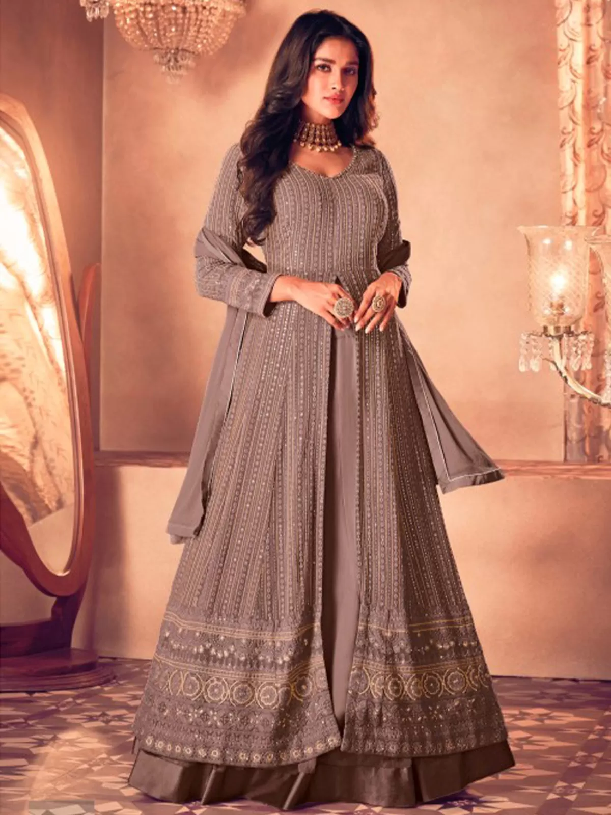 Odette Women Grey Faux Georgette Semi Stitched Kurta Set