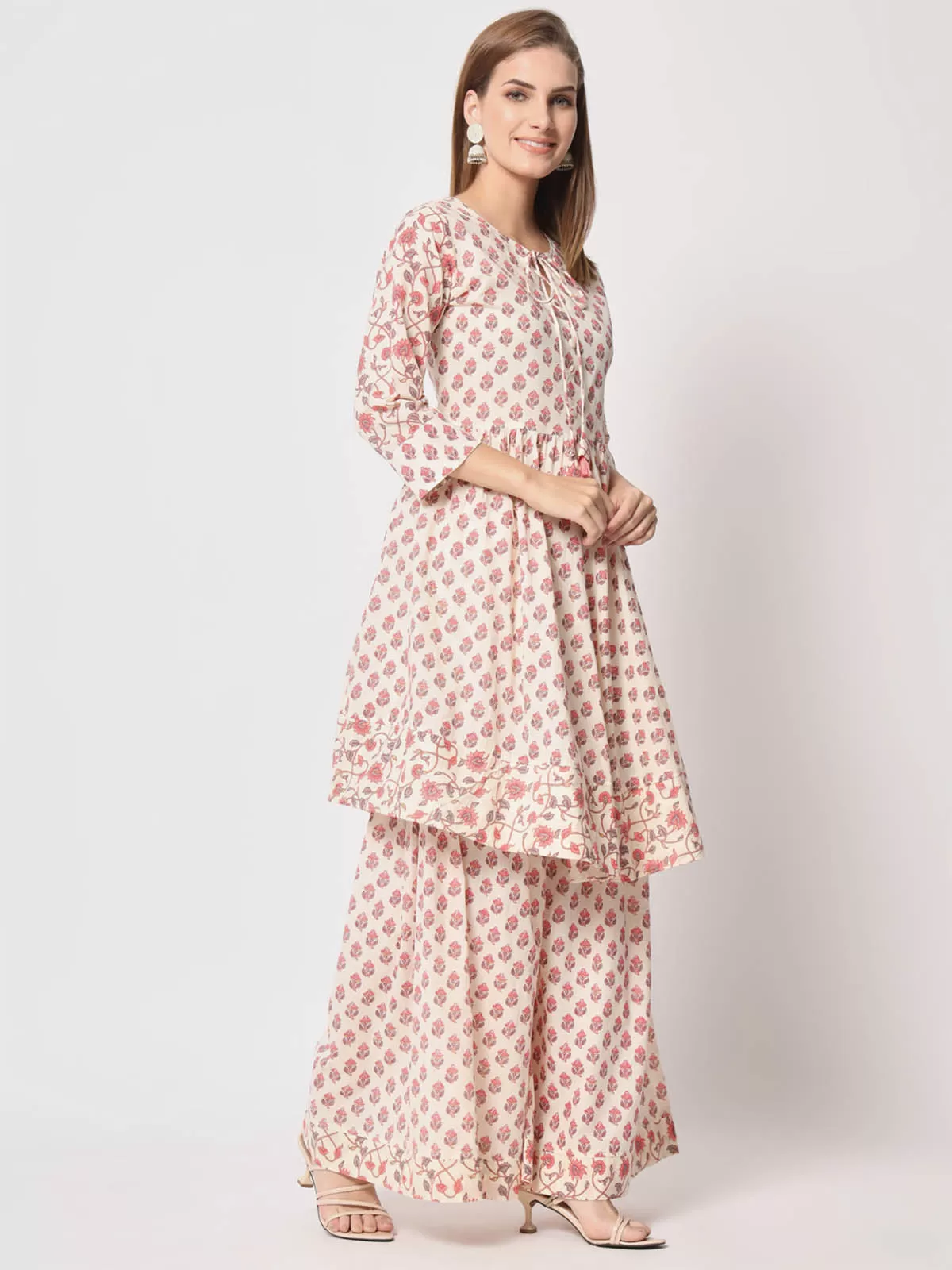 Odette Women Modern Pink Cotton Printed Stitched Kurta Set