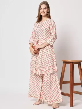 Odette Women Modern Pink Cotton Printed Stitched Kurta Set