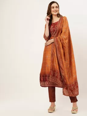 Odette Women Orange Printed Silk Stitched Kurta Set