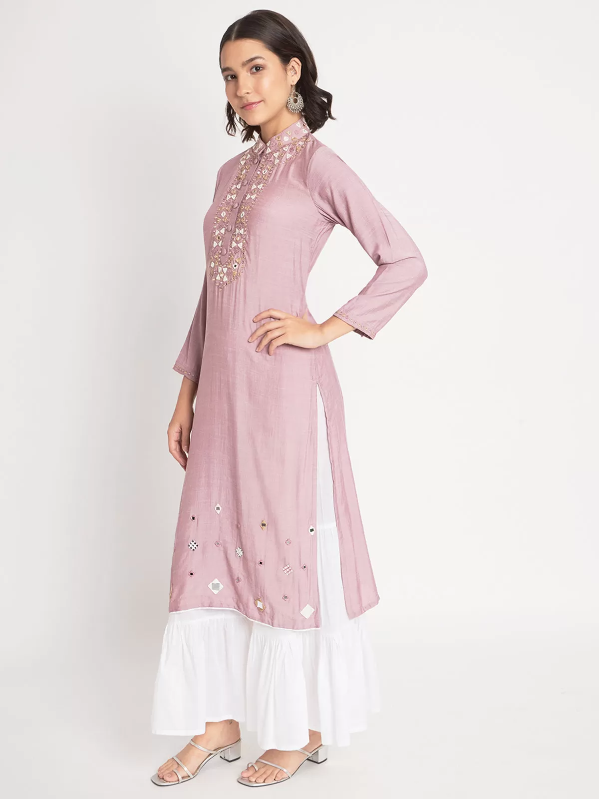 Odette Women Peach Viscose Embroidered Stitched Kurta Set