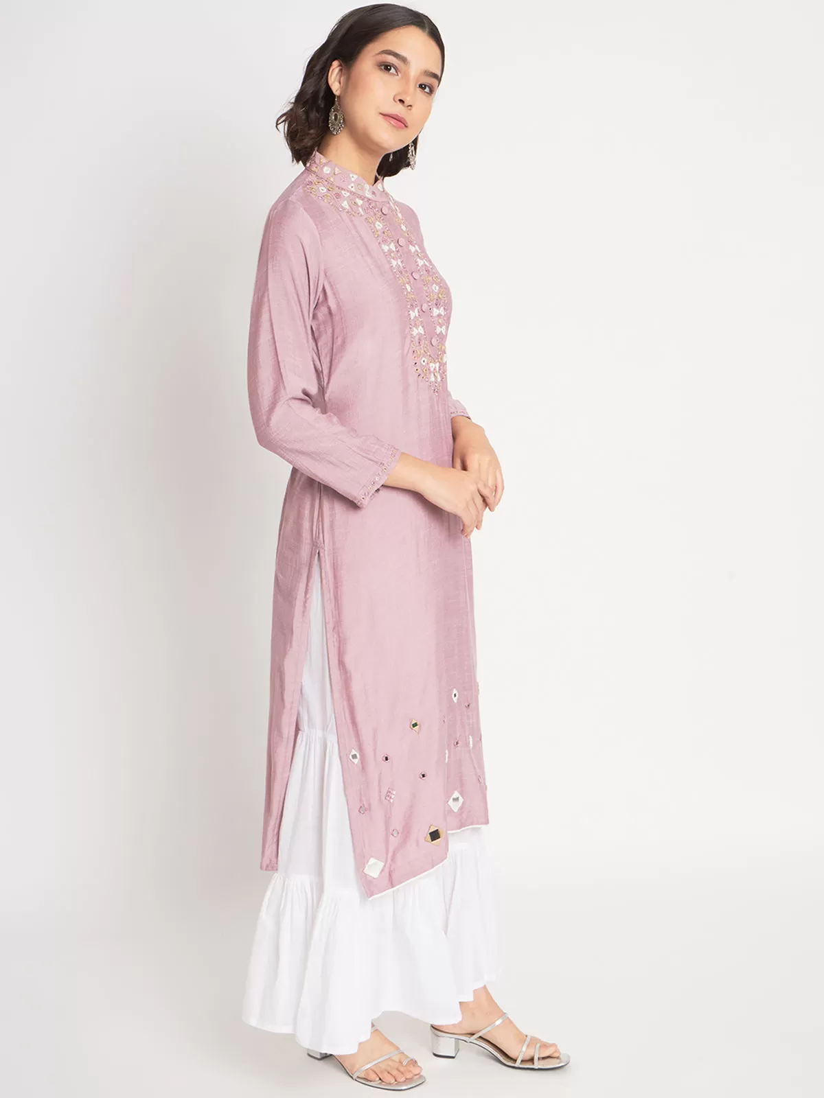 Odette Women Peach Viscose Embroidered Stitched Kurta Set