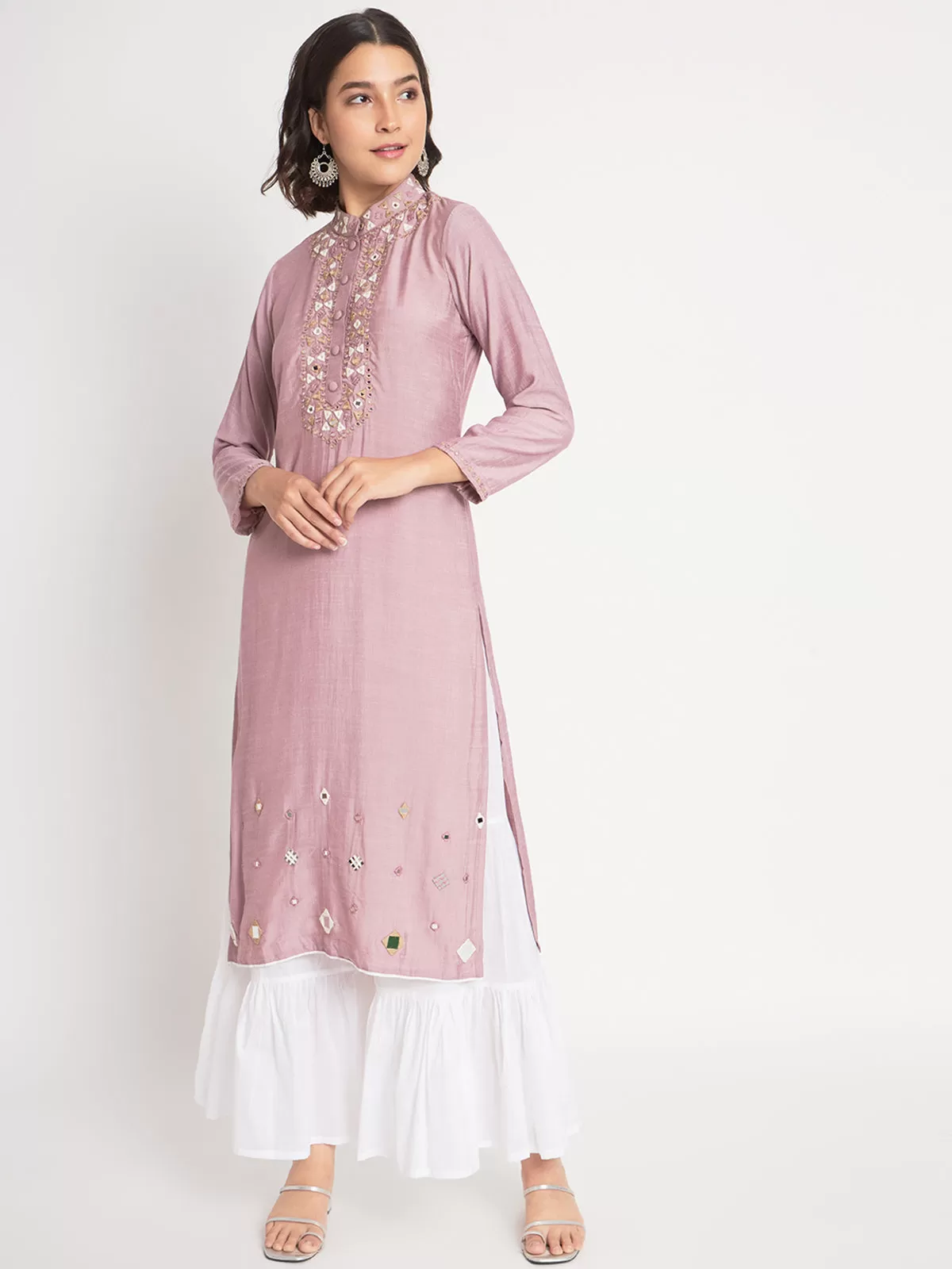 Odette Women Peach Viscose Embroidered Stitched Kurta Set