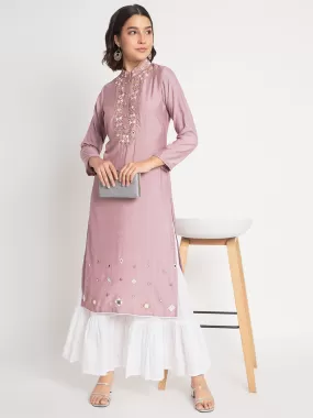 Odette Women Peach Viscose Embroidered Stitched Kurta Set