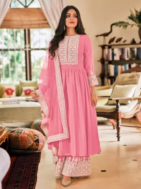 Odette Women Pink Color Georgette Plazzo Semi Stitched Suit