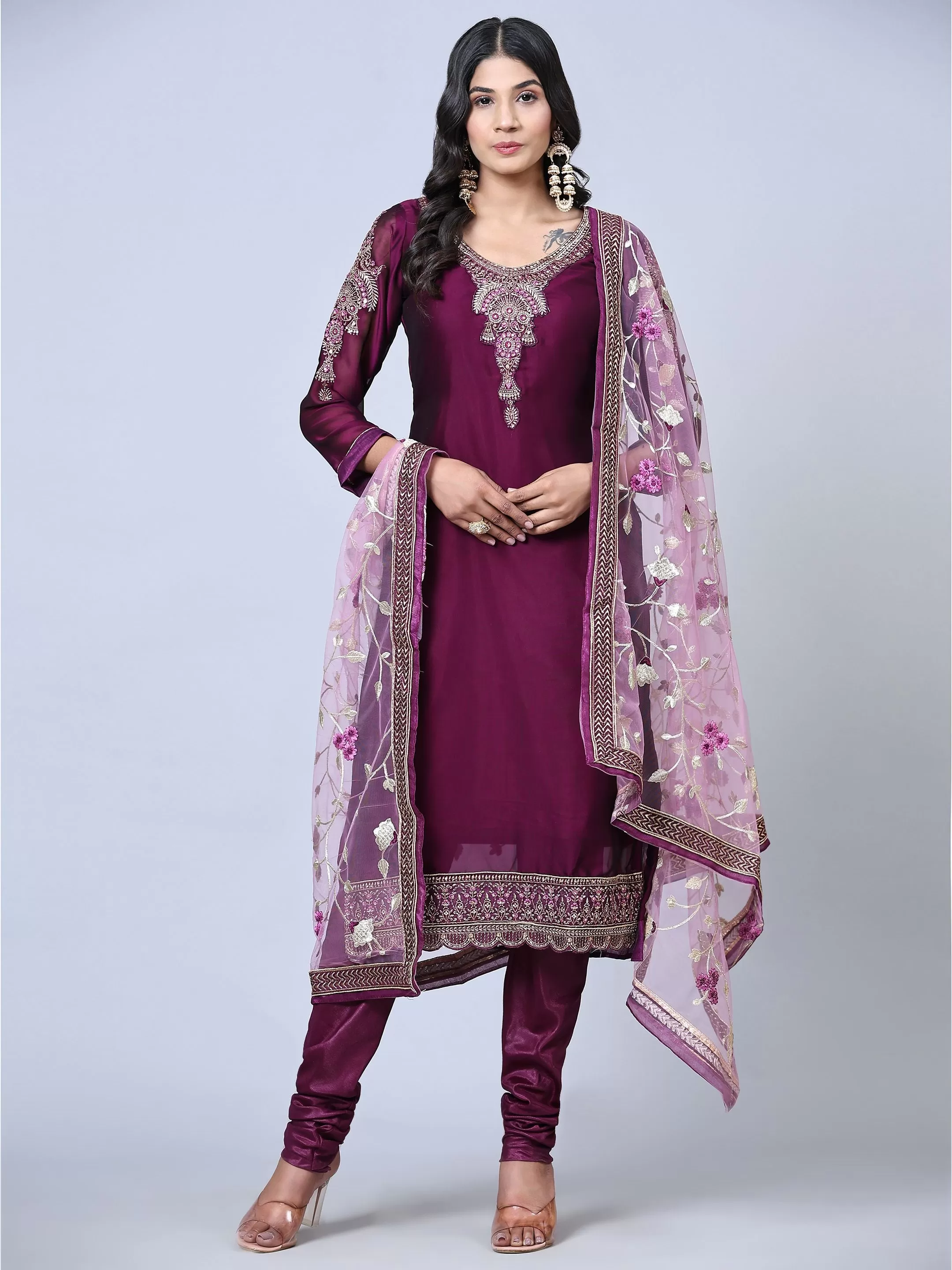 Odette Women Purple Embroidered Georgette Semi Stitched Salwar Suit