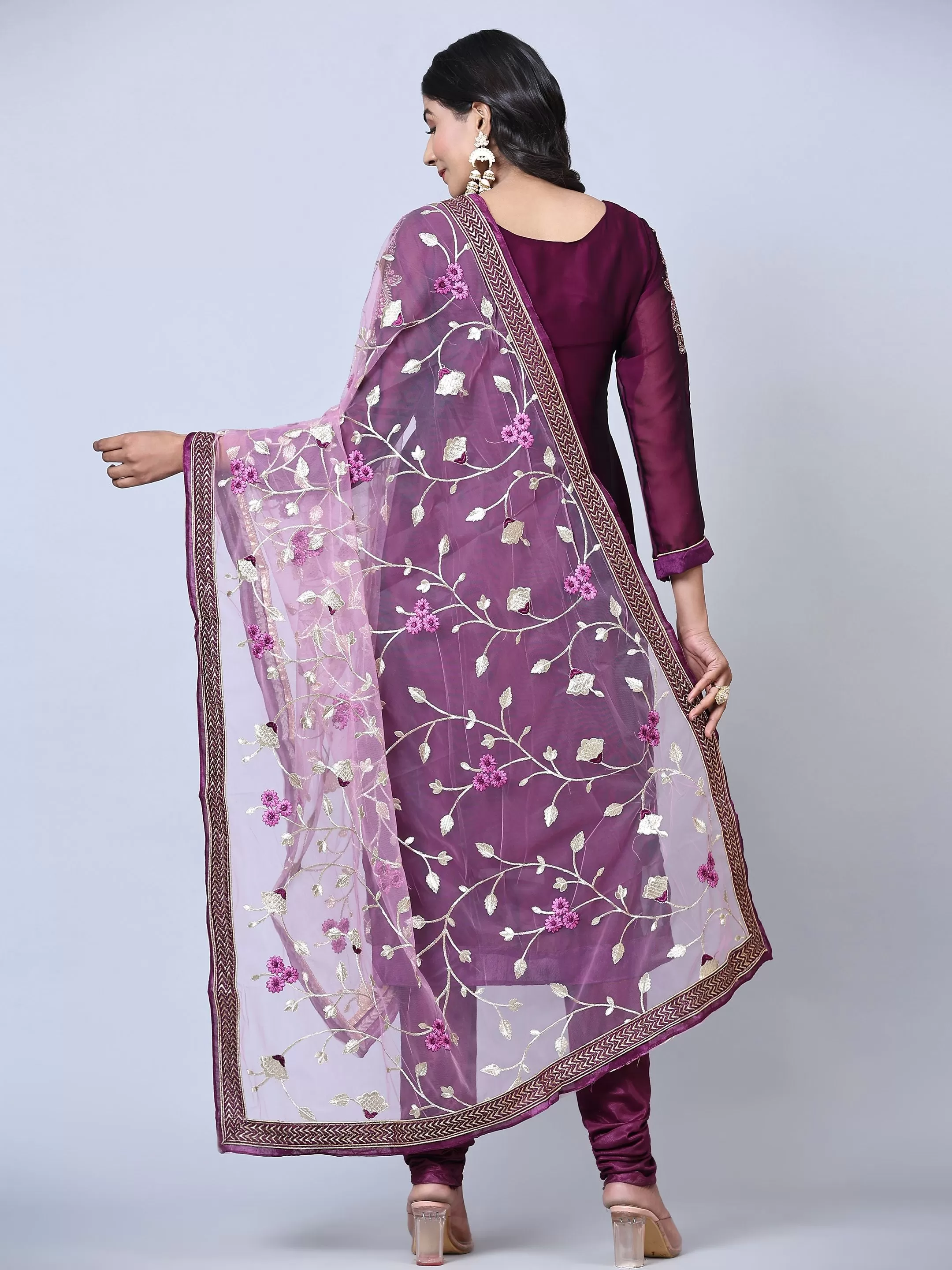 Odette Women Purple Embroidered Georgette Semi Stitched Salwar Suit