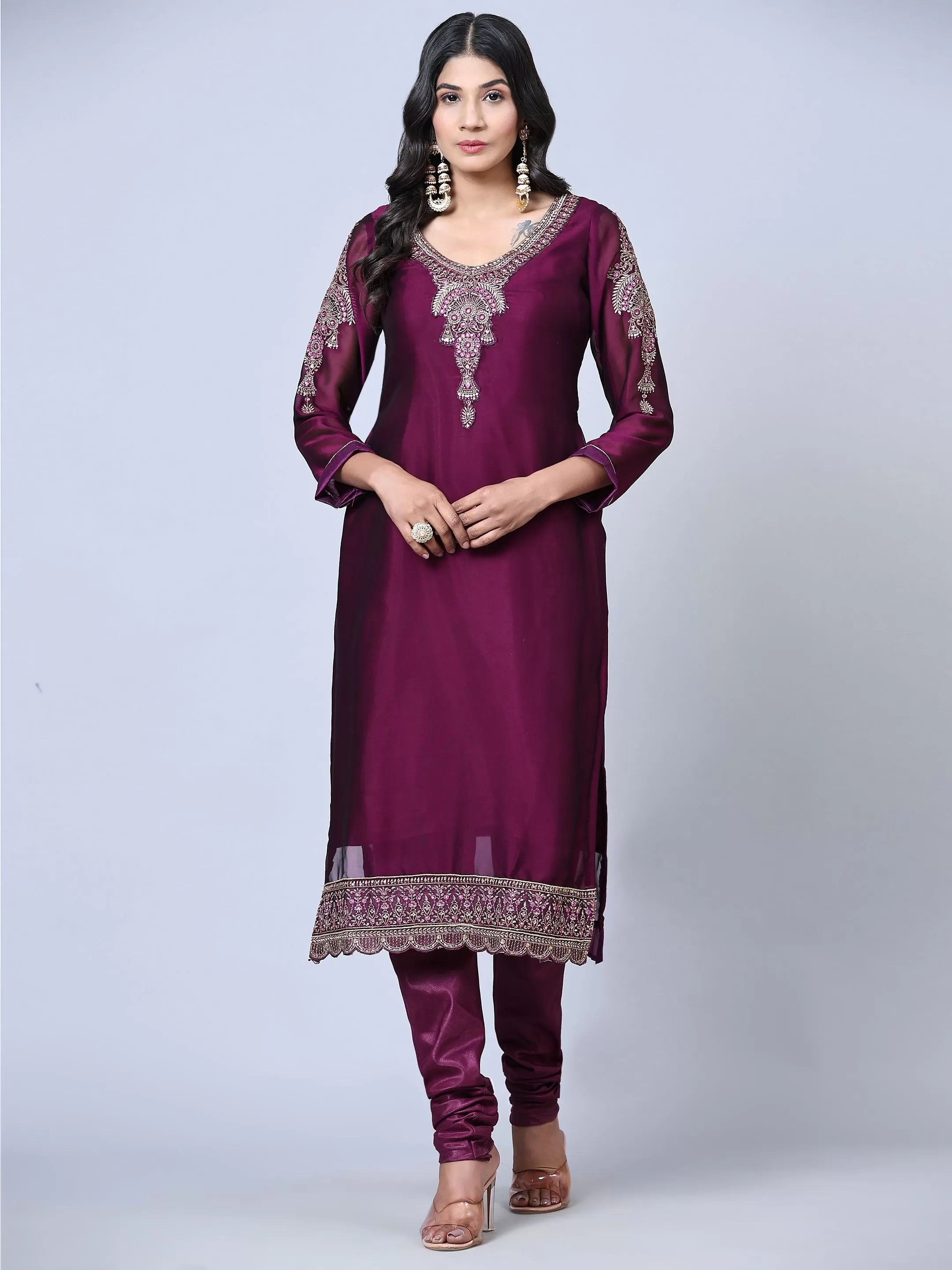 Odette Women Purple Embroidered Georgette Semi Stitched Salwar Suit