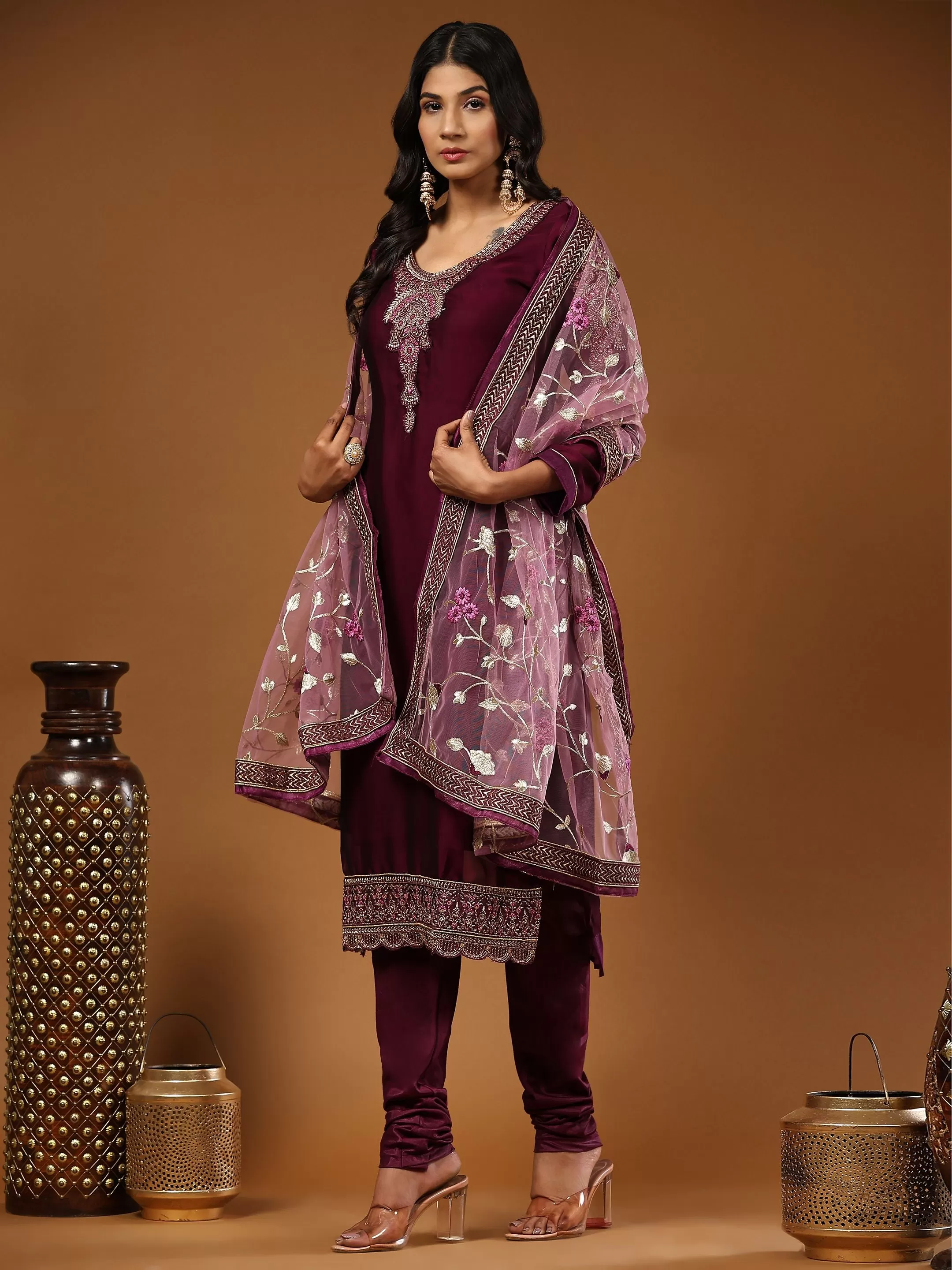 Odette Women Purple Embroidered Georgette Semi Stitched Salwar Suit