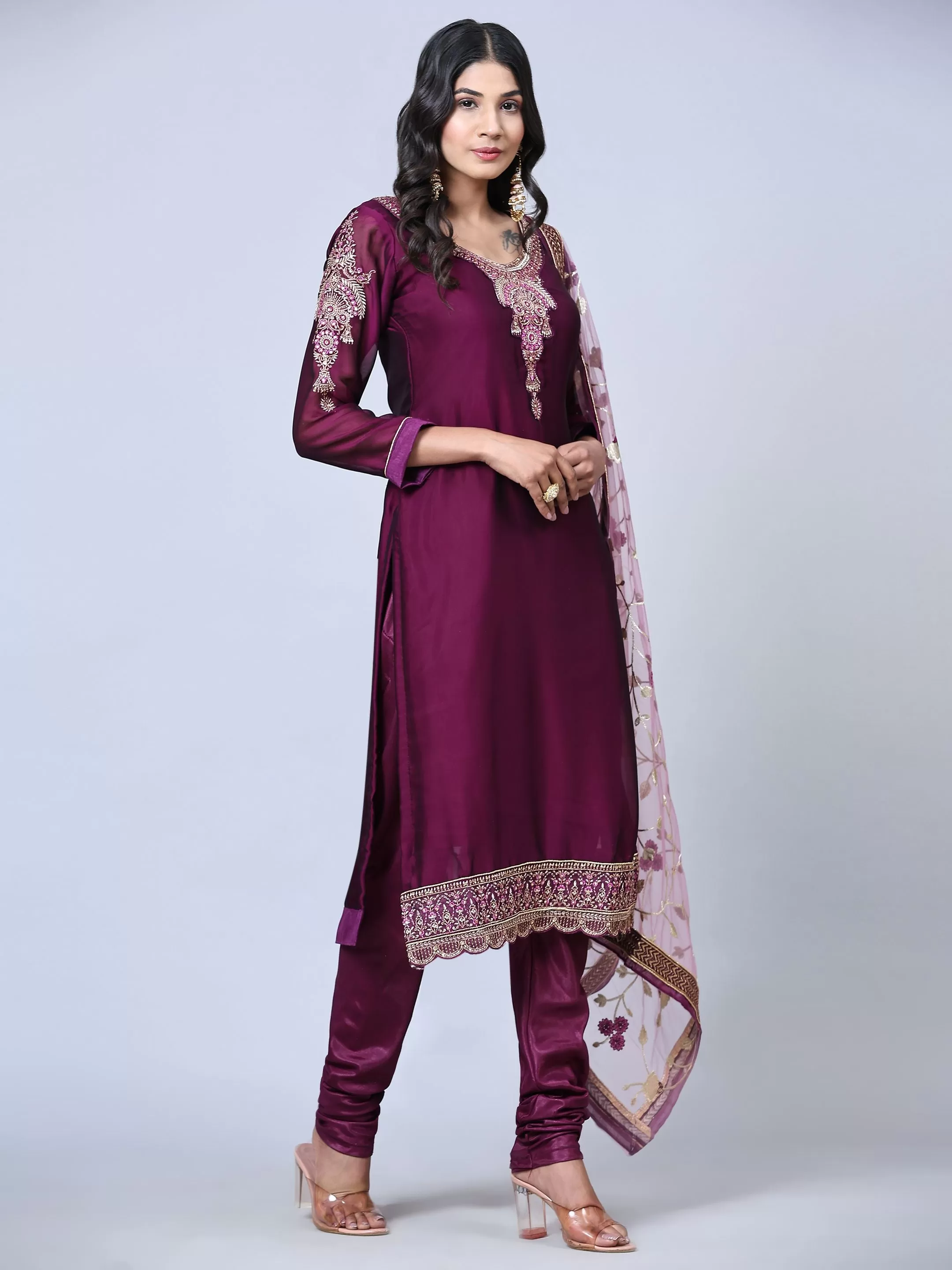 Odette Women Purple Embroidered Georgette Semi Stitched Salwar Suit