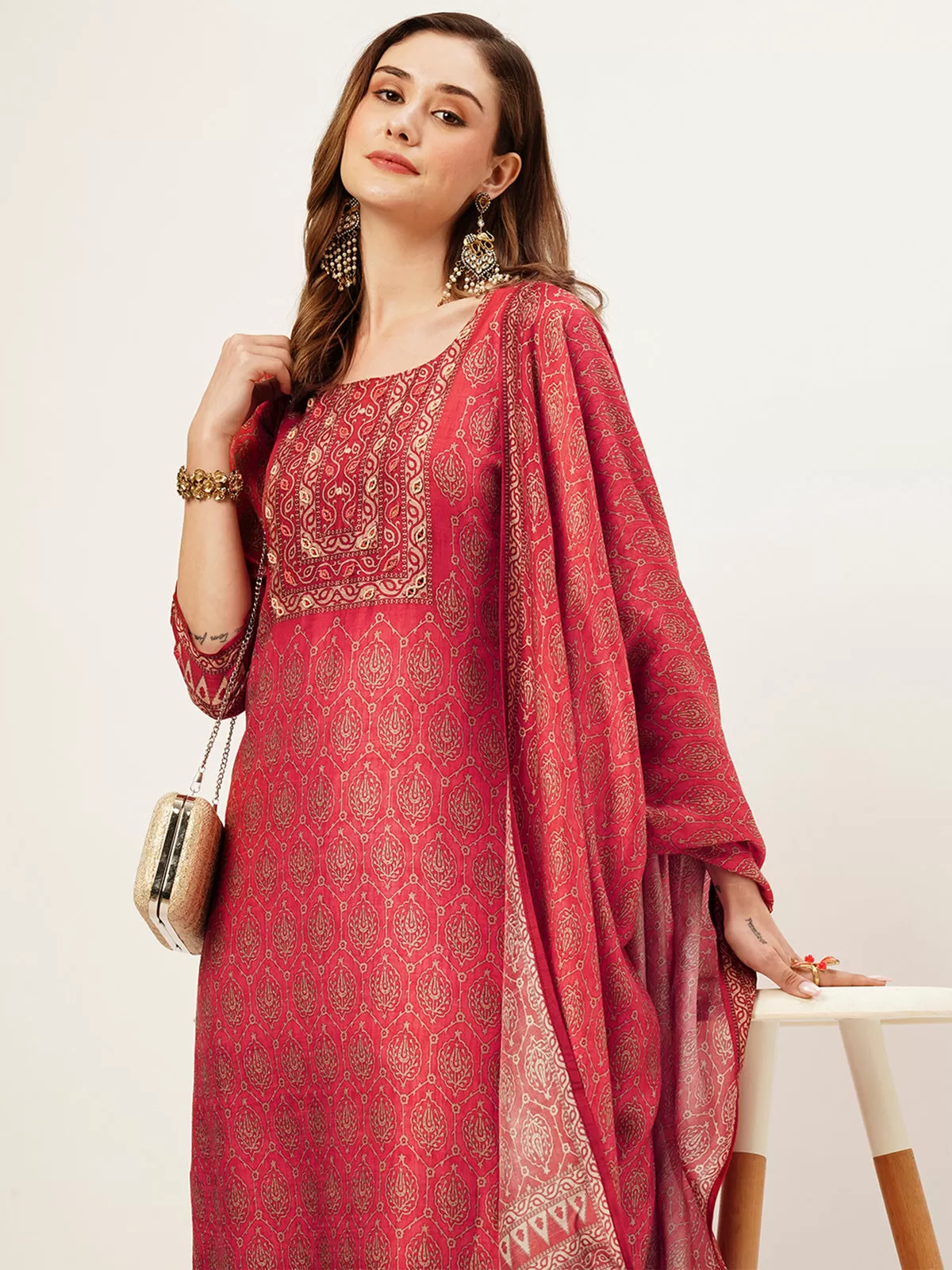 Odette Women Red Printed Silk Stitched Kurta Set