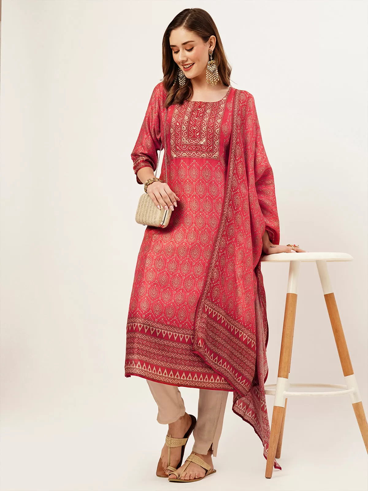 Odette Women Red Printed Silk Stitched Kurta Set