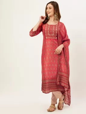 Odette Women Red Printed Silk Stitched Kurta Set