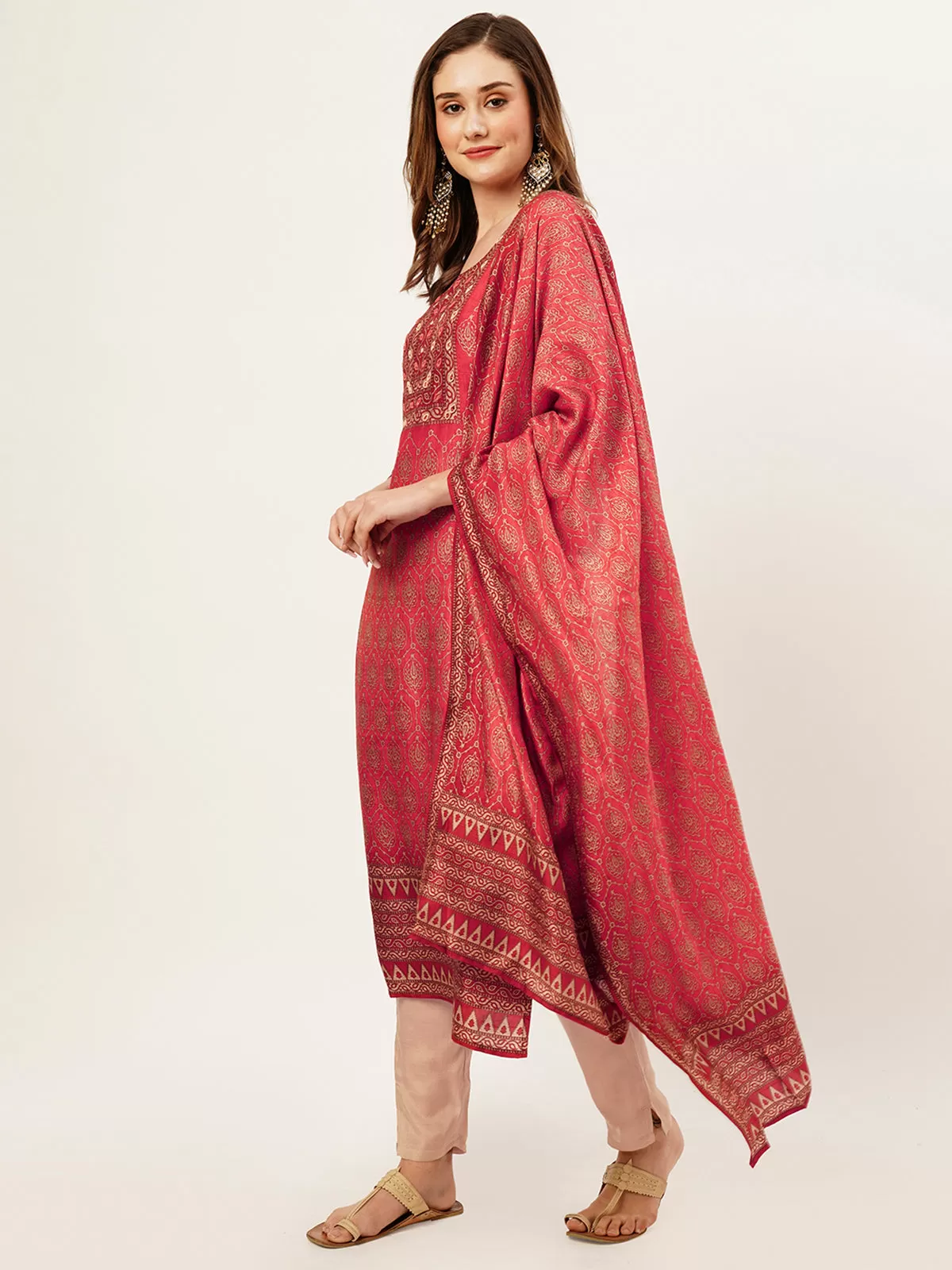 Odette Women Red Printed Silk Stitched Kurta Set