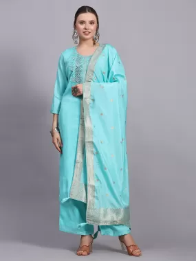 Odette Women Turquoise Viscose Embroidered Stitched Kurta Set