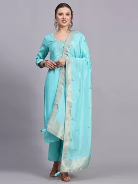 Odette Women Turquoise Viscose Embroidered Stitched Kurta Set