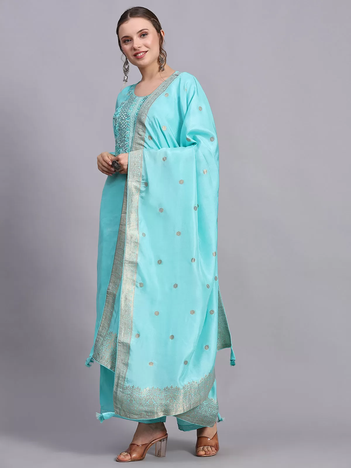 Odette Women Turquoise Viscose Embroidered Stitched Kurta Set