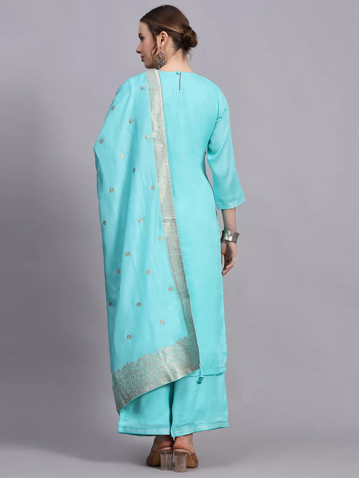 Odette Women Turquoise Viscose Embroidered Stitched Kurta Set