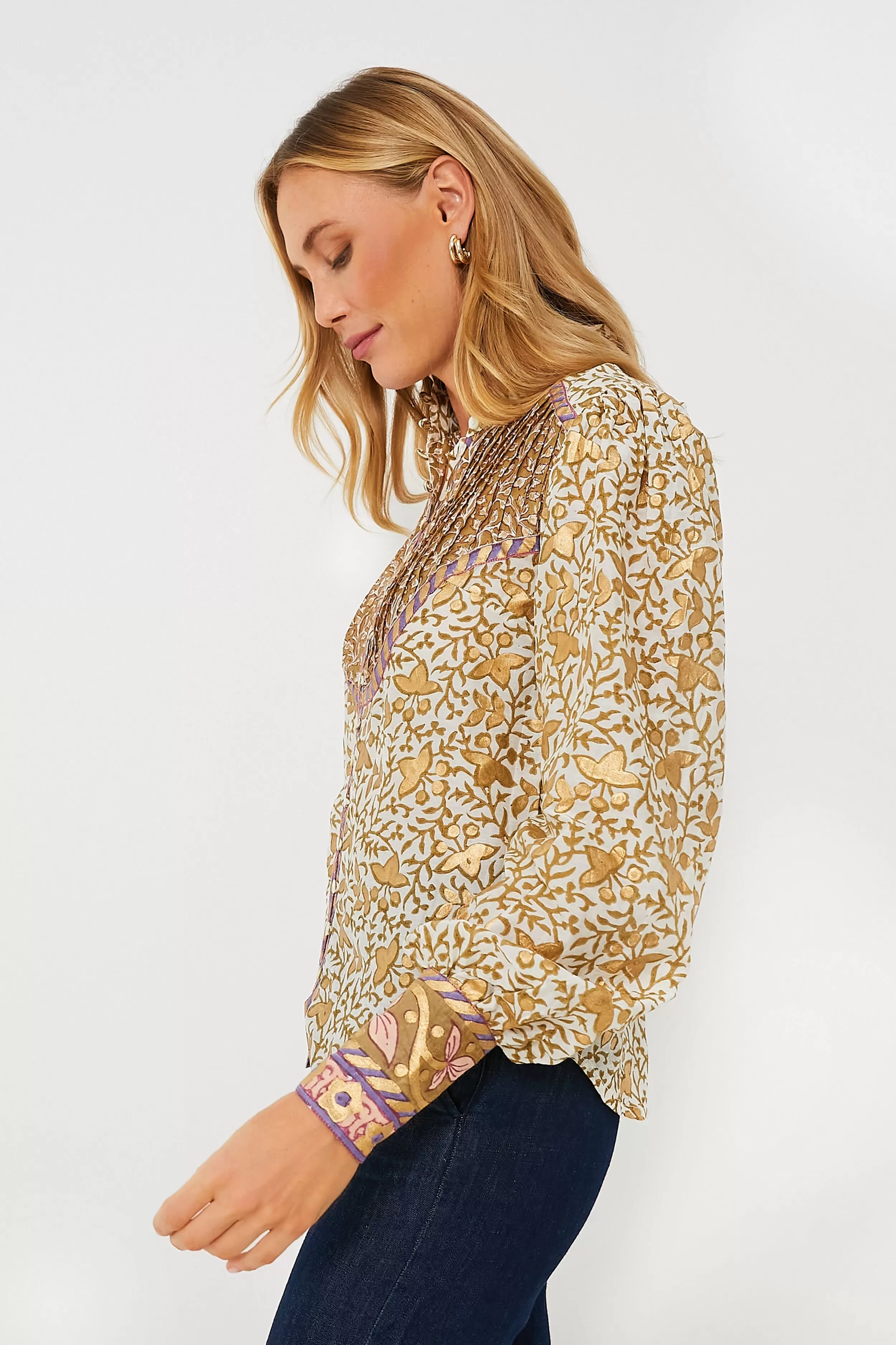 Olive Marchesa High Neck Button Blouse