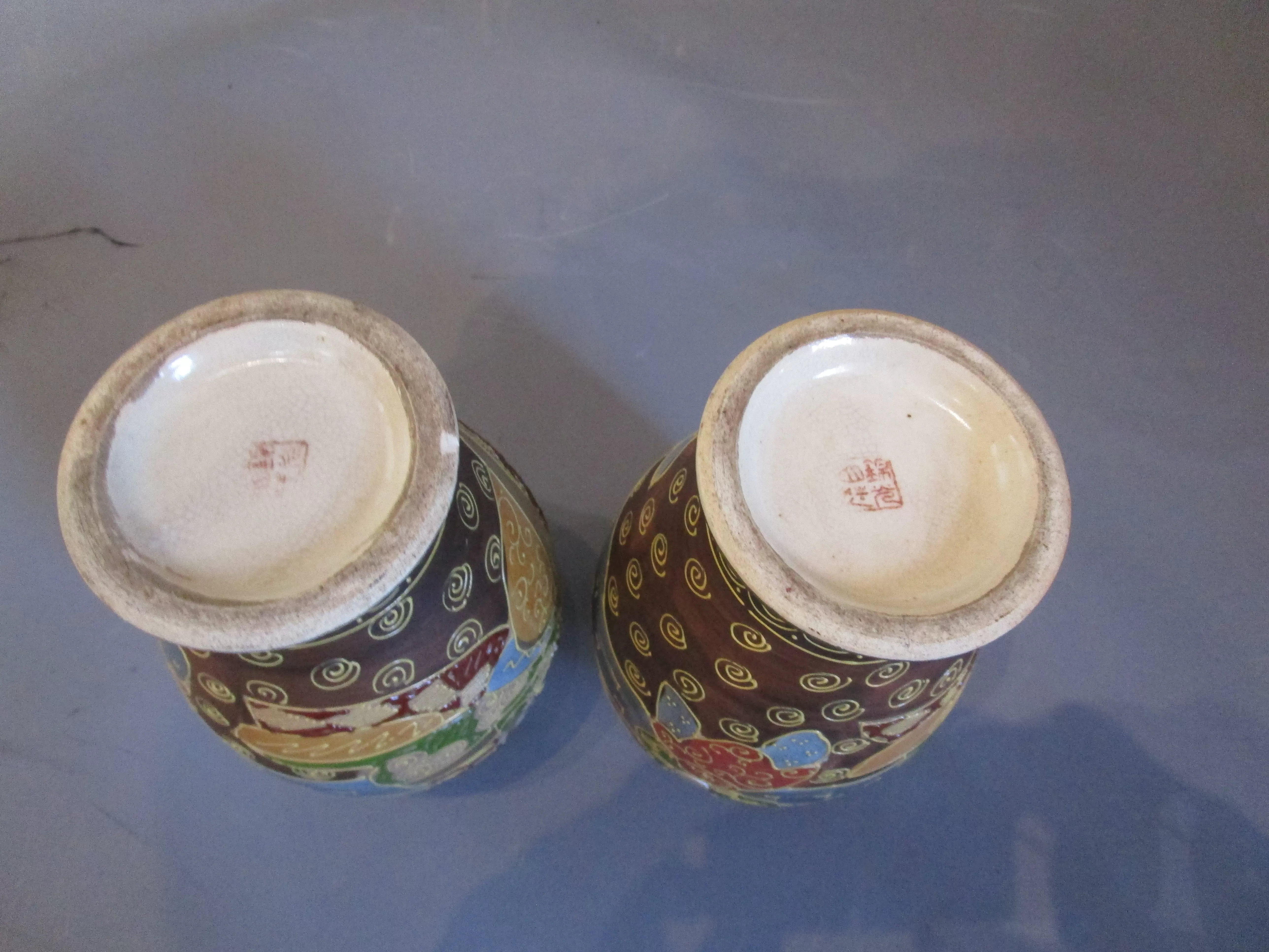 Pair Of Japanese Satsuma Style Moriage Hand Painted And Glided Vases Antique Edwardian 20th Century