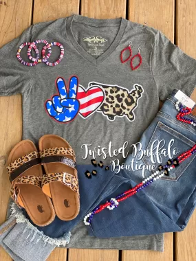 {PEACE LOVE AMERICA} Patriotic   Leopard Gray V-Neck Tee