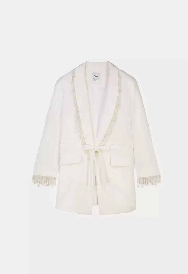 Pearl Embellished Blazer With Flap Pockets