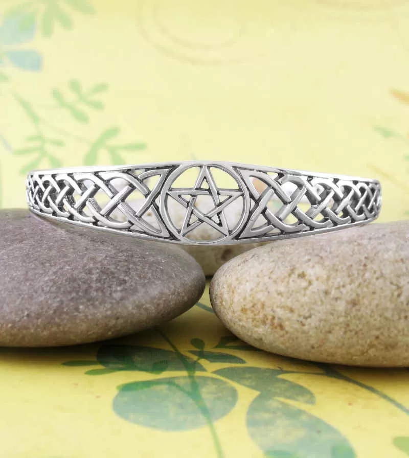 Pentacle Open Bangle Cuff Bracelet with Celtic Knots