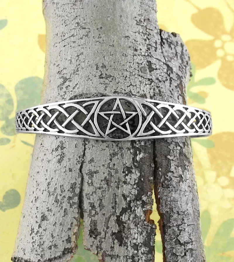 Pentacle Open Bangle Cuff Bracelet with Celtic Knots