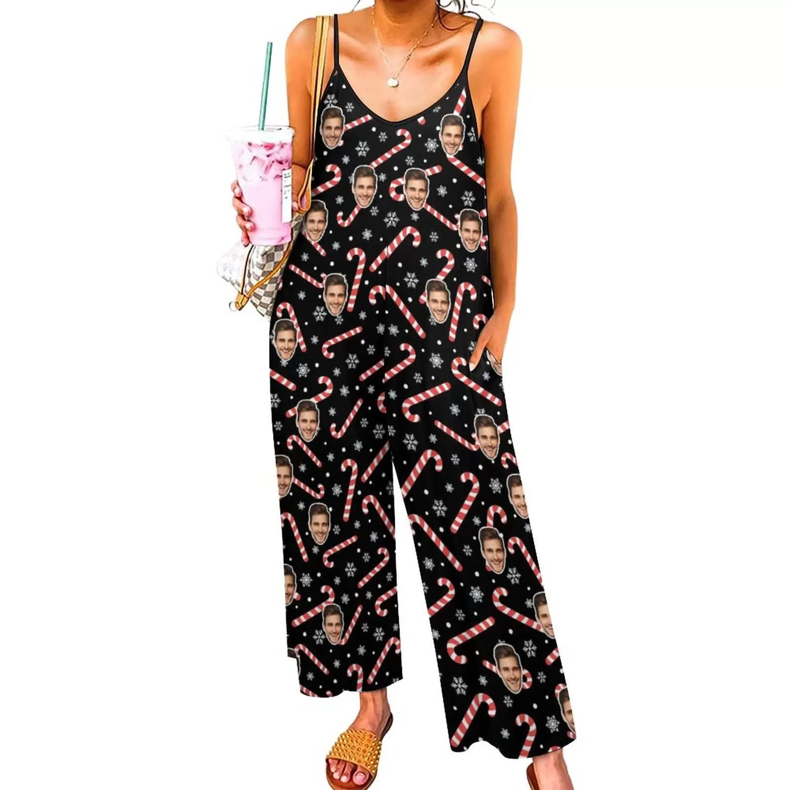 Persoanlized Sleepwear Custom Photo Funny Loungewear With Faces On Women's Christmas Candy Cane Snowflake Suspender Jumpsuit Loungewear