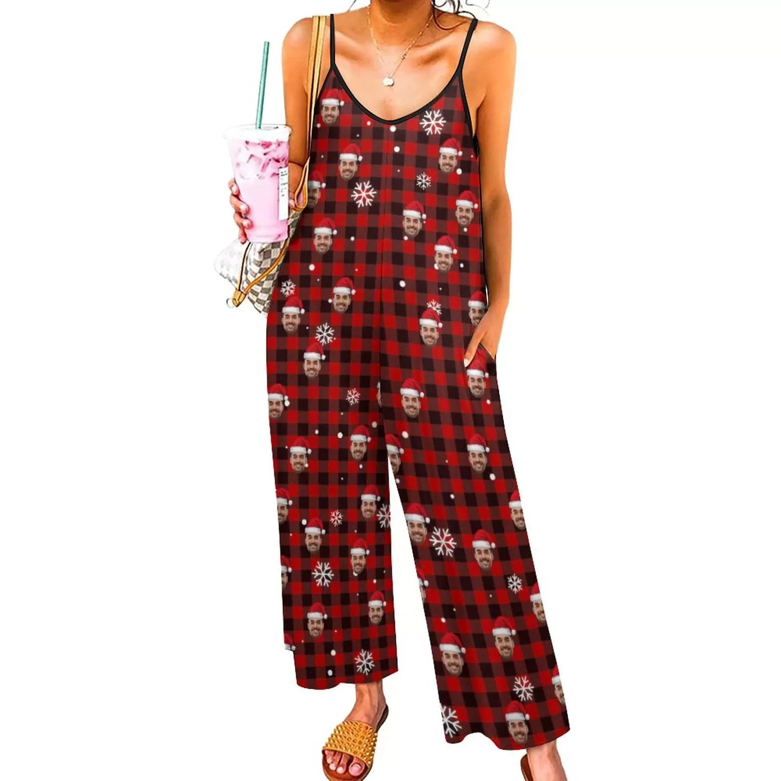 Persoanlized Sleepwear Custom Photo Funny Loungewear With Faces On Women's Red Plaid Christmas Hat Suspender Jumpsuit Loungewear